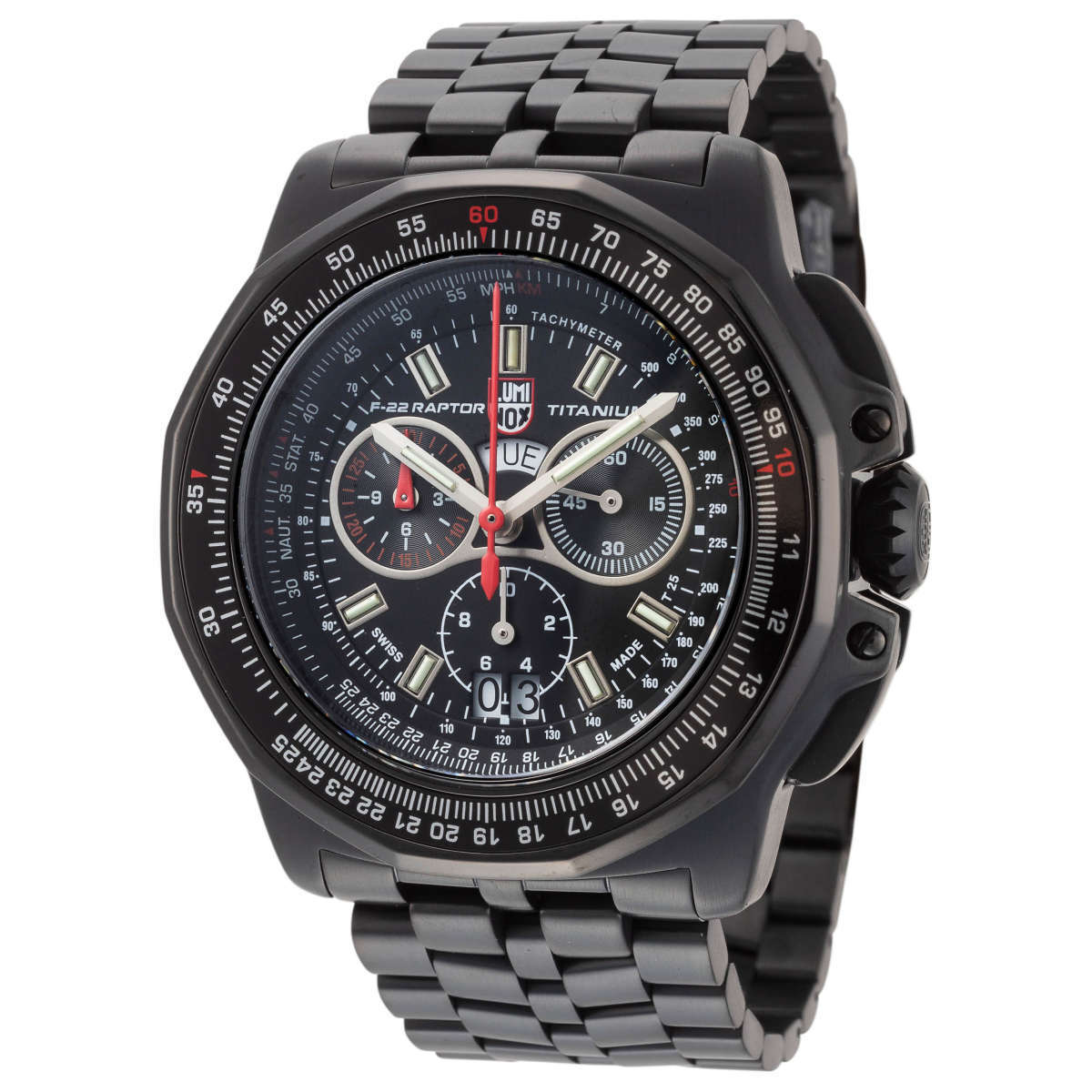 ラスト1本58％OFF新品未使用 Luminox F22ラプター クロノグラフクォーツ SWISS MADE 総チタニウム製 200M防水 ねじ込み式竜頭 定価28.6万円