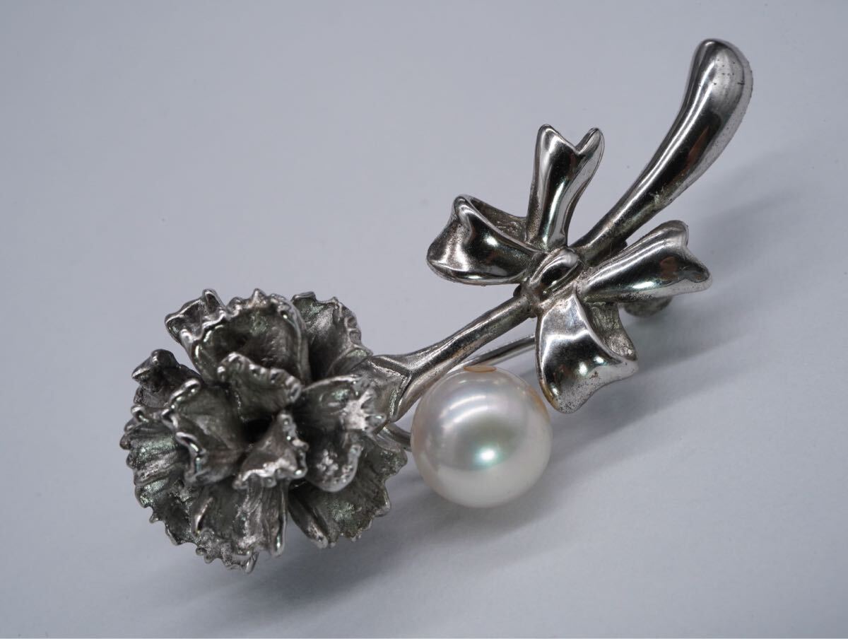 【291】TASAKI 田崎 タサキ SILVER刻印 シルバー 花 本真珠 パール ブローチ アクセサリー TIA