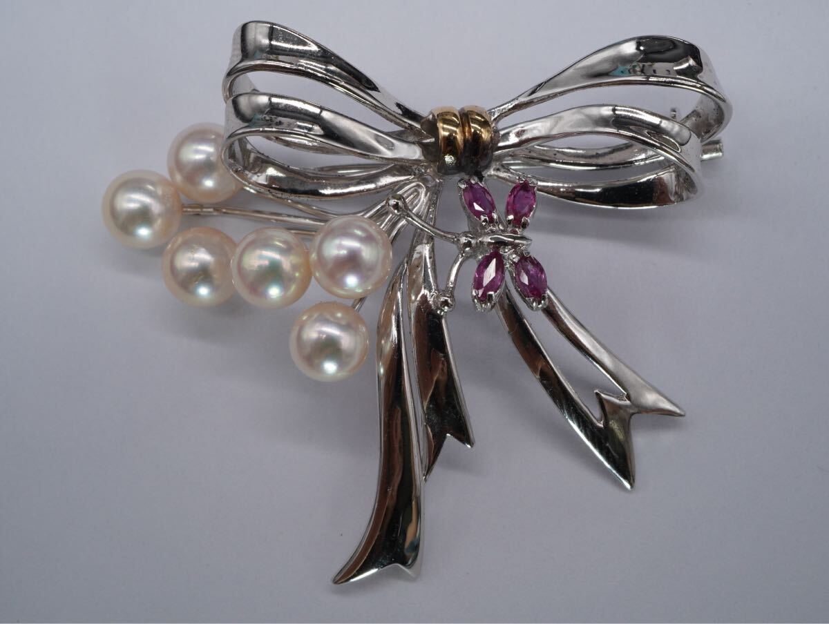 【290】K18 SILVER 18金 シルバー 本真珠 パール サファイア リボン 蝶 ブローチ アクセサリー TIA