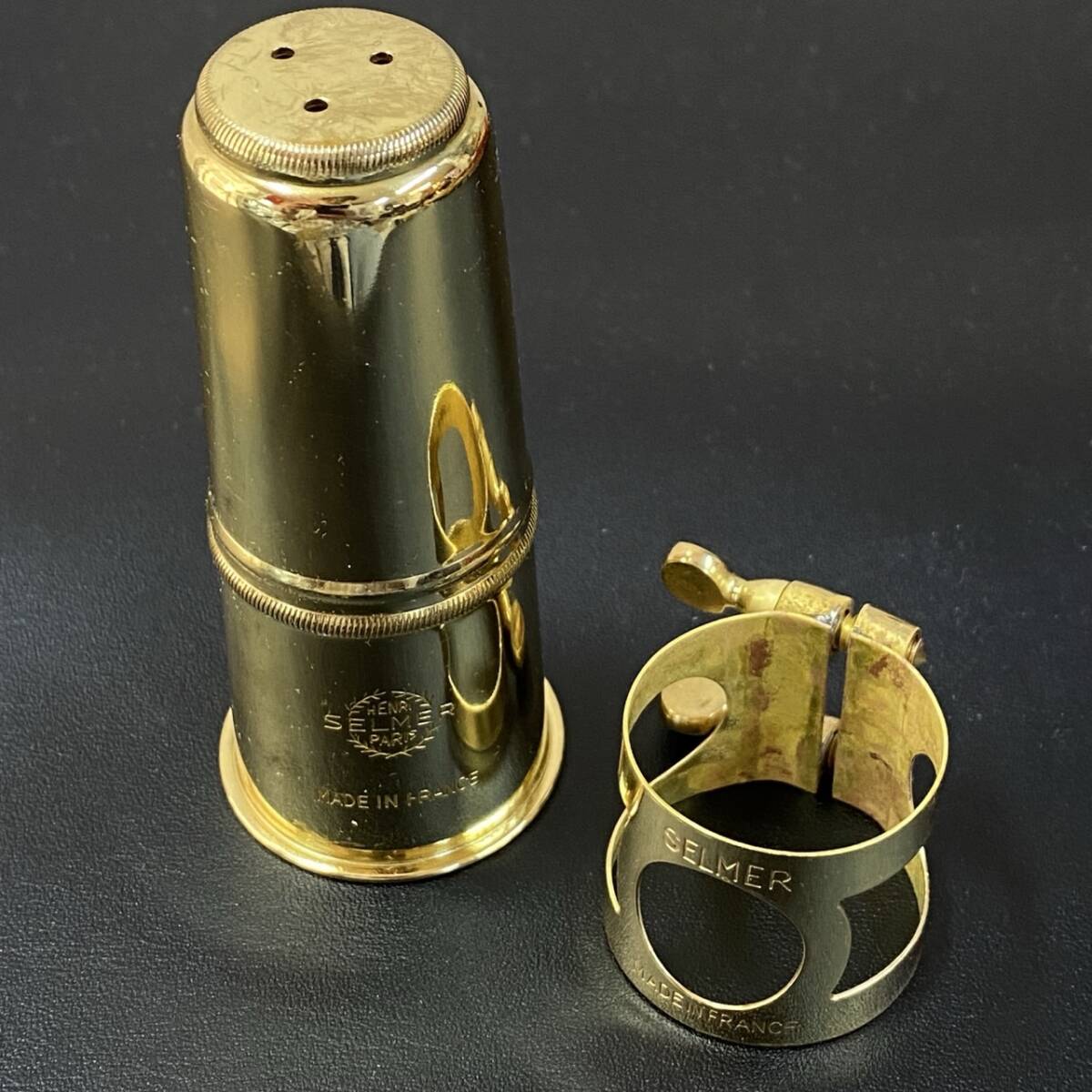 Selmer ／セルマー ligature + cap GL （リガチャー＆キャップ）ゴールドラッカー仕上げ テナーサックス用リガチャー 中古品