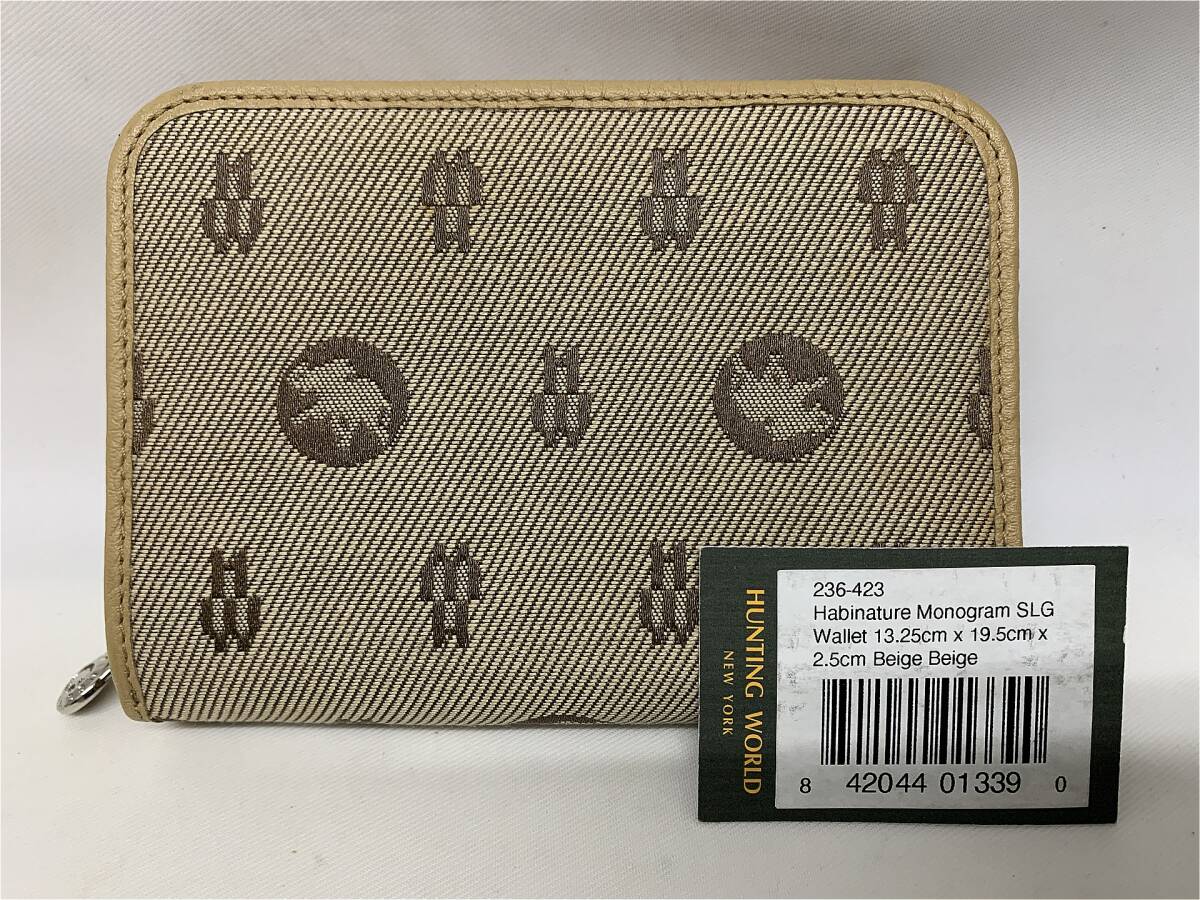 良品 HUNTING　WORLD　ハンティングワールド　２つ折り財布　ウォレット　ベージュ　キャンバス地×レザー 12時間以内に発送