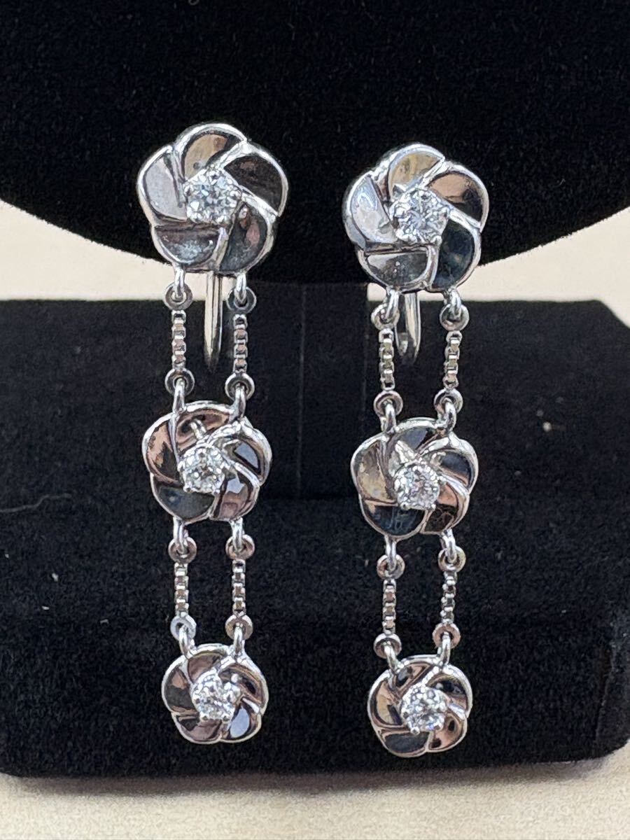 5M05 Pt850 プラチナ ダイヤ 3連 イヤリング デザイン 花 フラワー 0.14ct 総重量約7.3g 全長約34mm