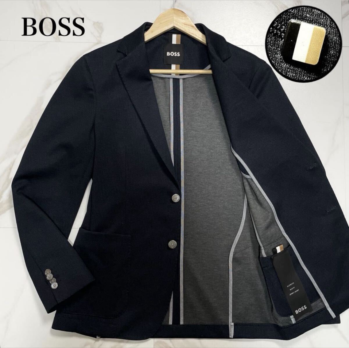 未使用級●現行タグ HUGO BOSS ヒューゴボス テーラードジャケット ジャージー ストレッチ アンコン 襟ピンバッチ ネイビー 48