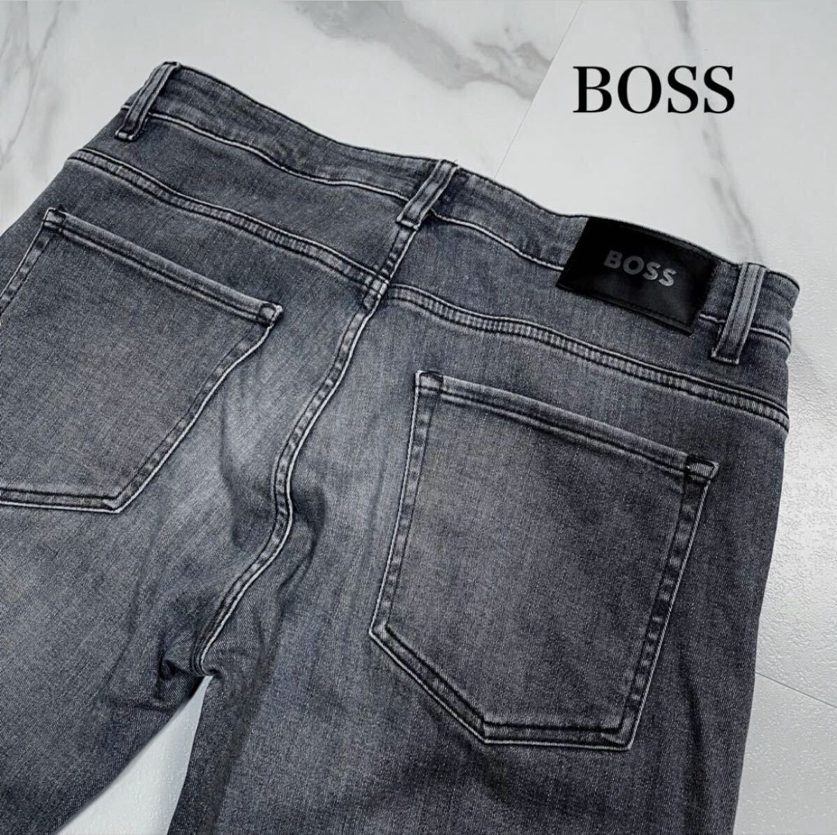 極美品/L相当●現行タグ HUGO BOSS ヒューゴボス デニムパンツ ジーンズ Gパン ロゴ金具 刻印ボタン ストレッチ グレー 大谷翔平