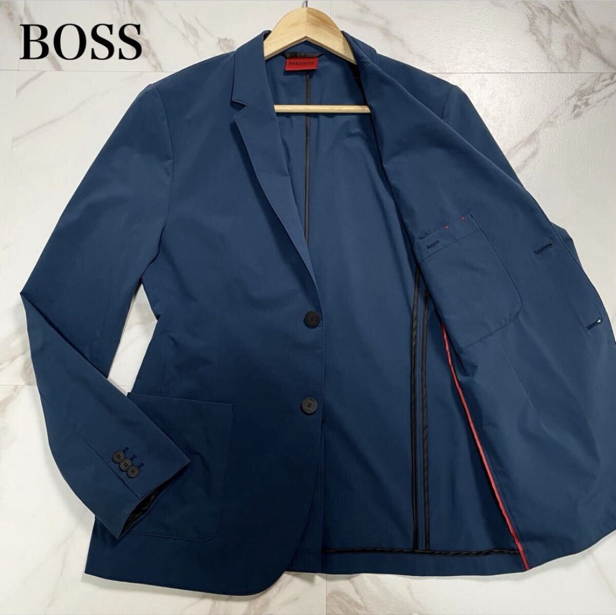 未使用級/希少L●ヒューゴボス ストレッチ テーラードジャケット アンコン 2B ロゴ刻印釦 現行 ブルー HUGO BOSS メンズ 春 夏 50
