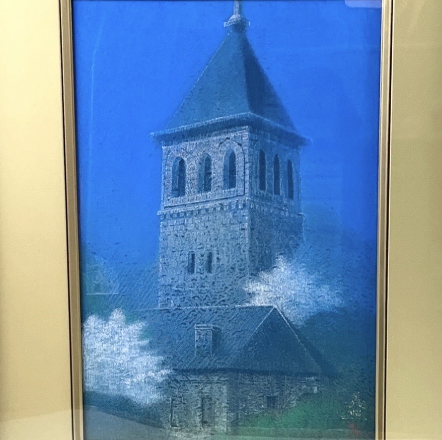 野村義照 『春』 P6号 共シール 風景画 教会 絵画 額装 美術品※同梱不可 骨董