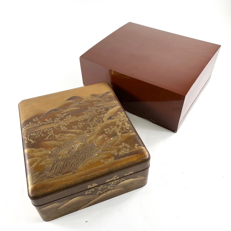 時代 金蒔絵文箱 盛上山水蒔絵 梨地 箱付 漆器 伝統工芸 古美術 ※同梱不可 骨董