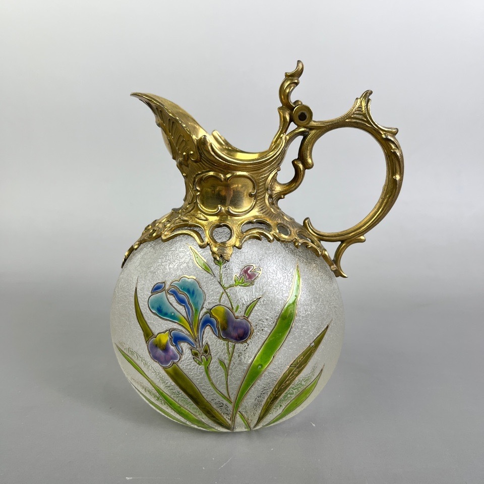 アール・ヌーヴォー エナメル彩 菖蒲文水差し ガラス工芸 ピッチャー 骨董