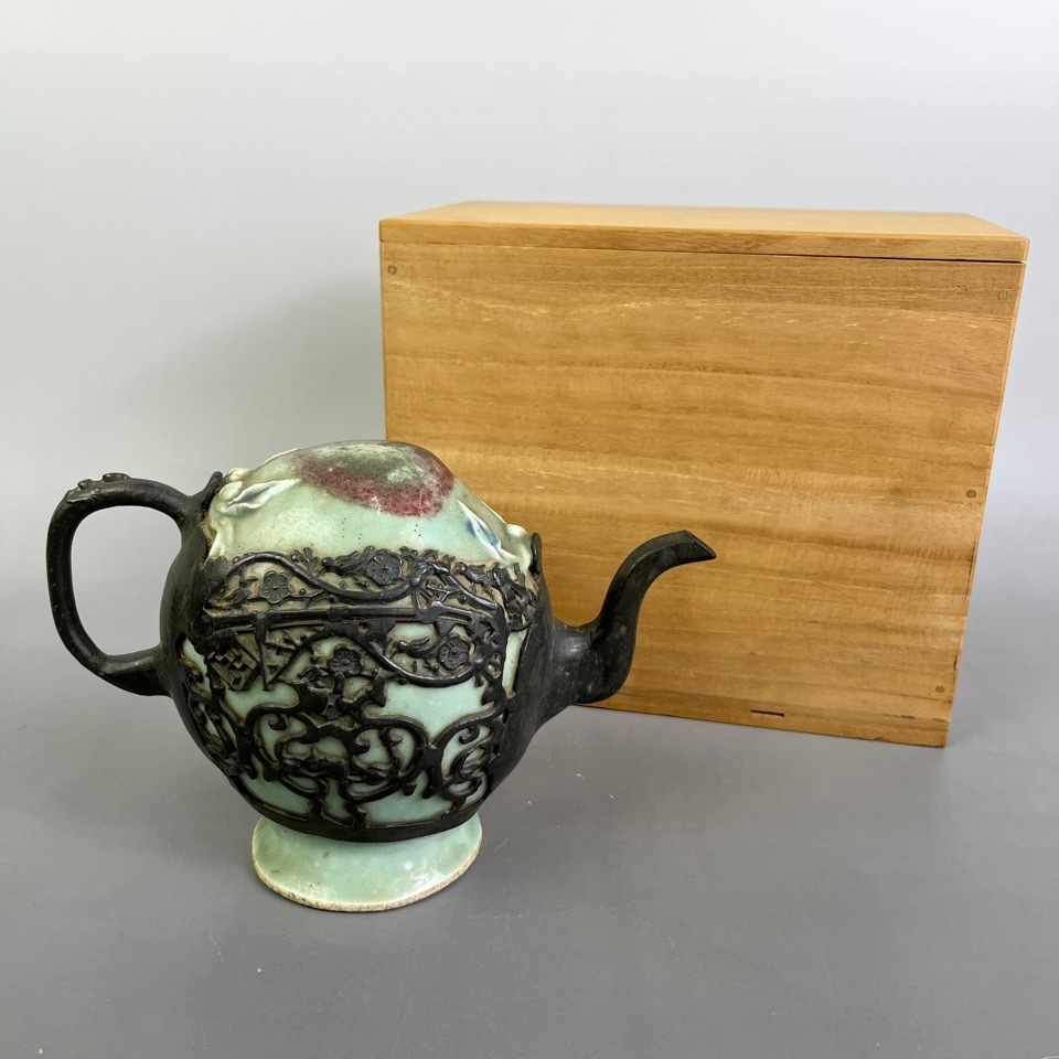 中国古玩 時代 錫巻梅紋辰砂水注 蝋印 箱付 煎茶道具 陶磁器 骨董