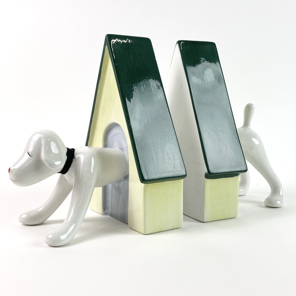 奈良美智「パピーブックエンド」PUPPY BOOKEND セラミック 陶器 小さな欠け有 プリントサイン 置物 オブジェ 骨董
