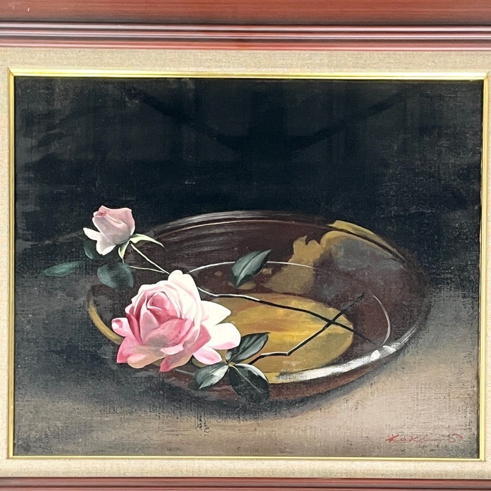 九鬼三郎「備前に薔薇」油彩8号 額装 模写 絵画 ※同梱不可 骨董