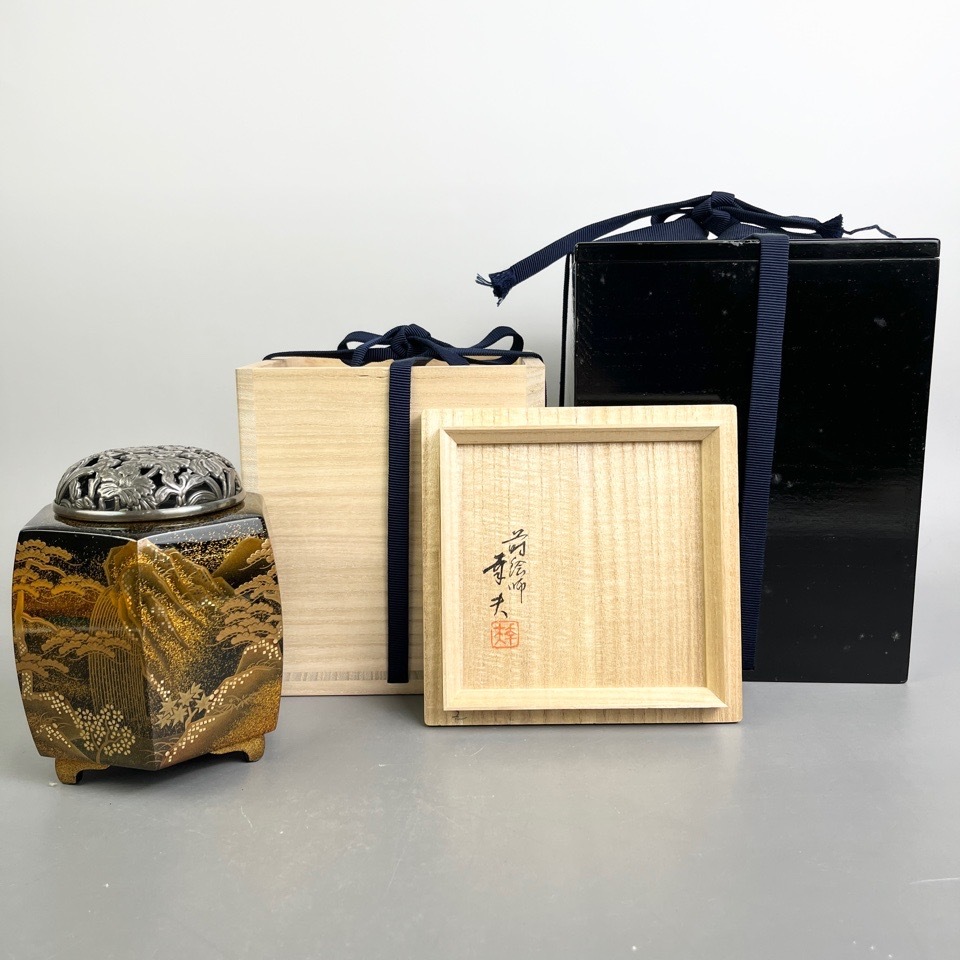 輪島塗 長井幸夫 山水蒔絵香炉 純銀火屋 83g 鯉城謹製 共箱 香道具 茶道具 骨董