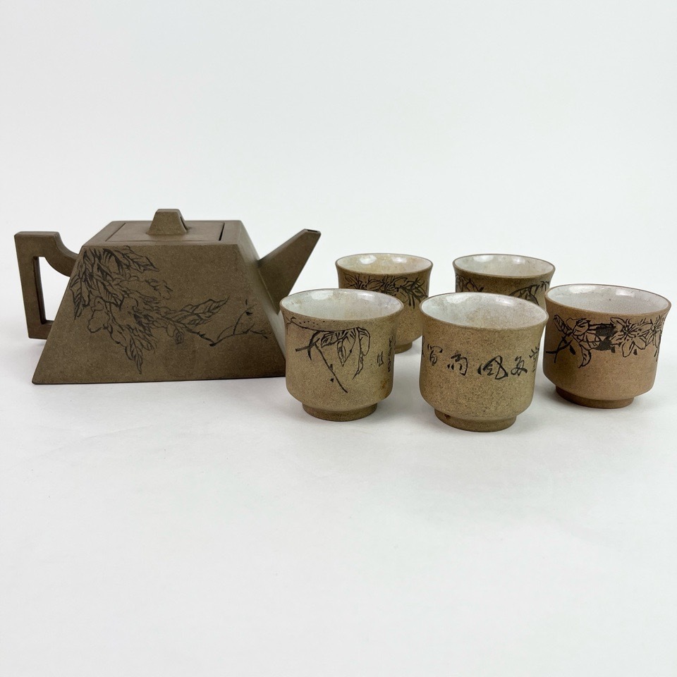 中国古玩 鉄画軒製 白泥 煎茶器揃 後手急須 煎茶碗5客 煎茶道具 陶磁器 茶道具 骨董