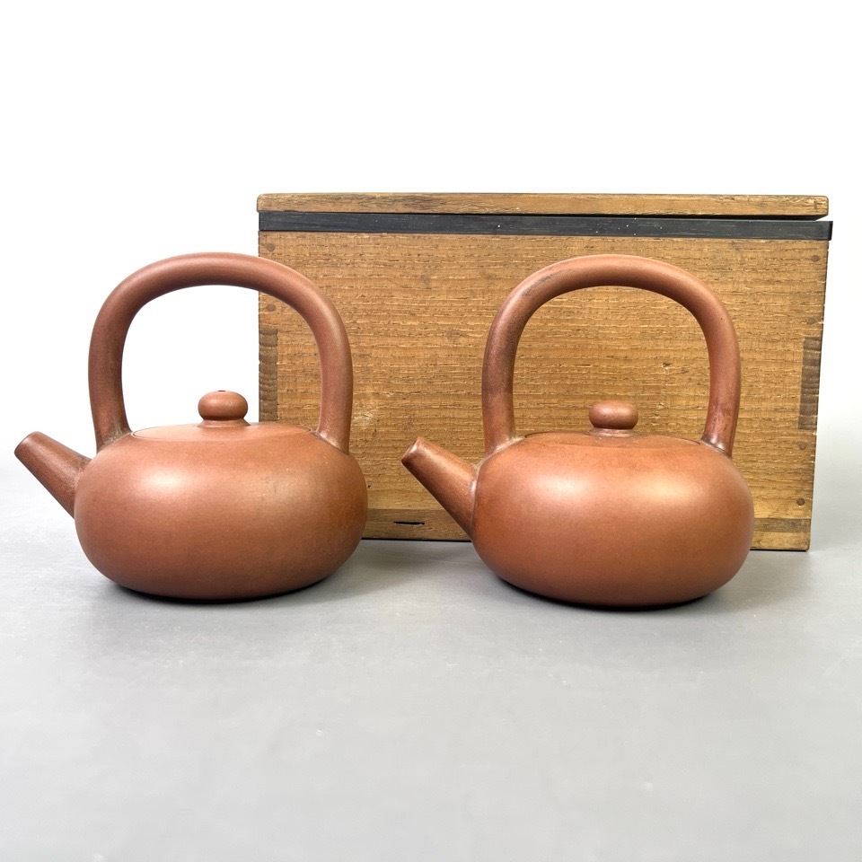 中国古玩 萬豊順記 朱泥急須 提梁壺 砲口 一対 箱付 茶注 煎茶器 煎茶道具 陶磁器 茶道具 骨董
