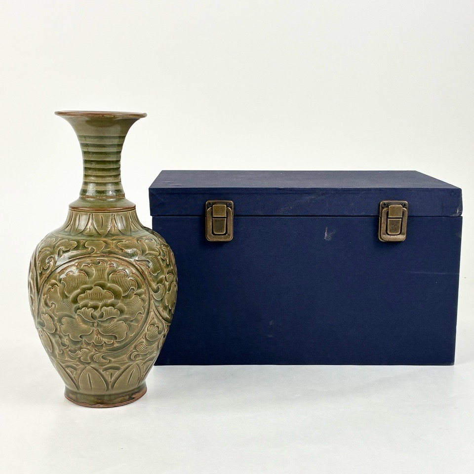 中国古玩 青磁刻花文花瓶 箱付 花入 壺 陶磁器 花瓶 骨董