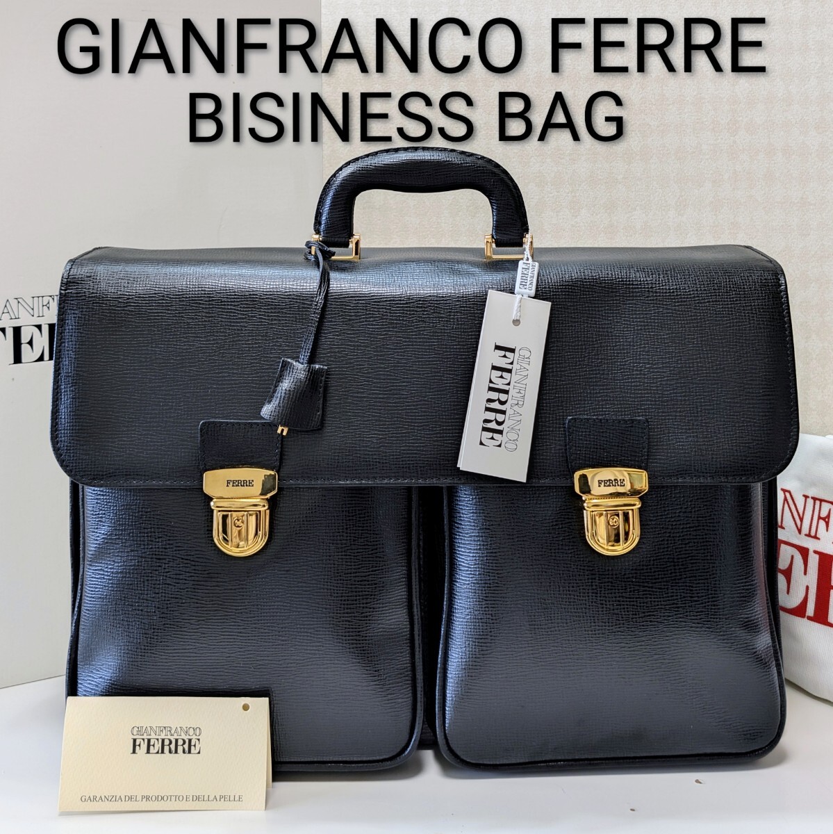 未使用 ジャンフランコ フェレ GIANFRANCO FERRE メンズ レザー 本革 ビジネスバッグ ブリーフケース 書類鞄 A4用紙 ブラック 黒 GOLD金具
