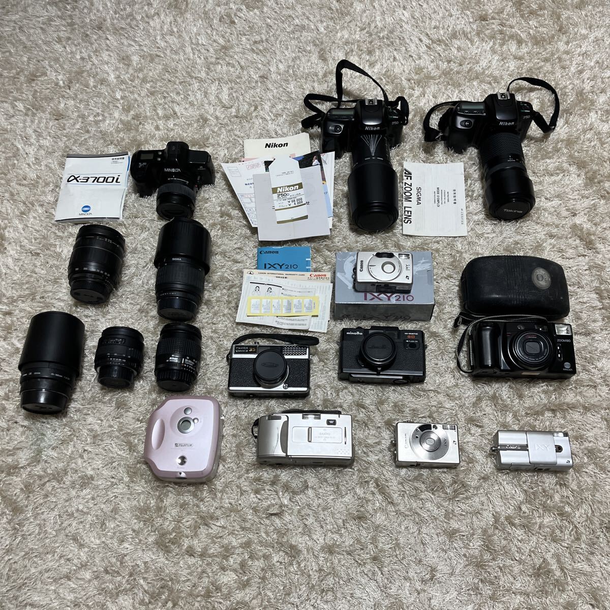 【★全て通電確認済16点★】Nikon F50 MINOLTA α-3700i Canon IXY 320 210 FUJICA COMPACT 35 MINOLTA HI-MATIC SD 他 カメラ レンズ