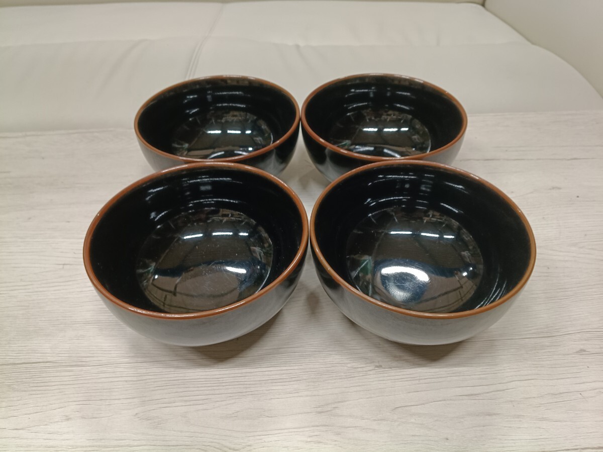 LM531-A25/ 白山陶器 どんぶり 4個セット 黒釉 美品 飯碗 丼 小鉢 和食器 同柄