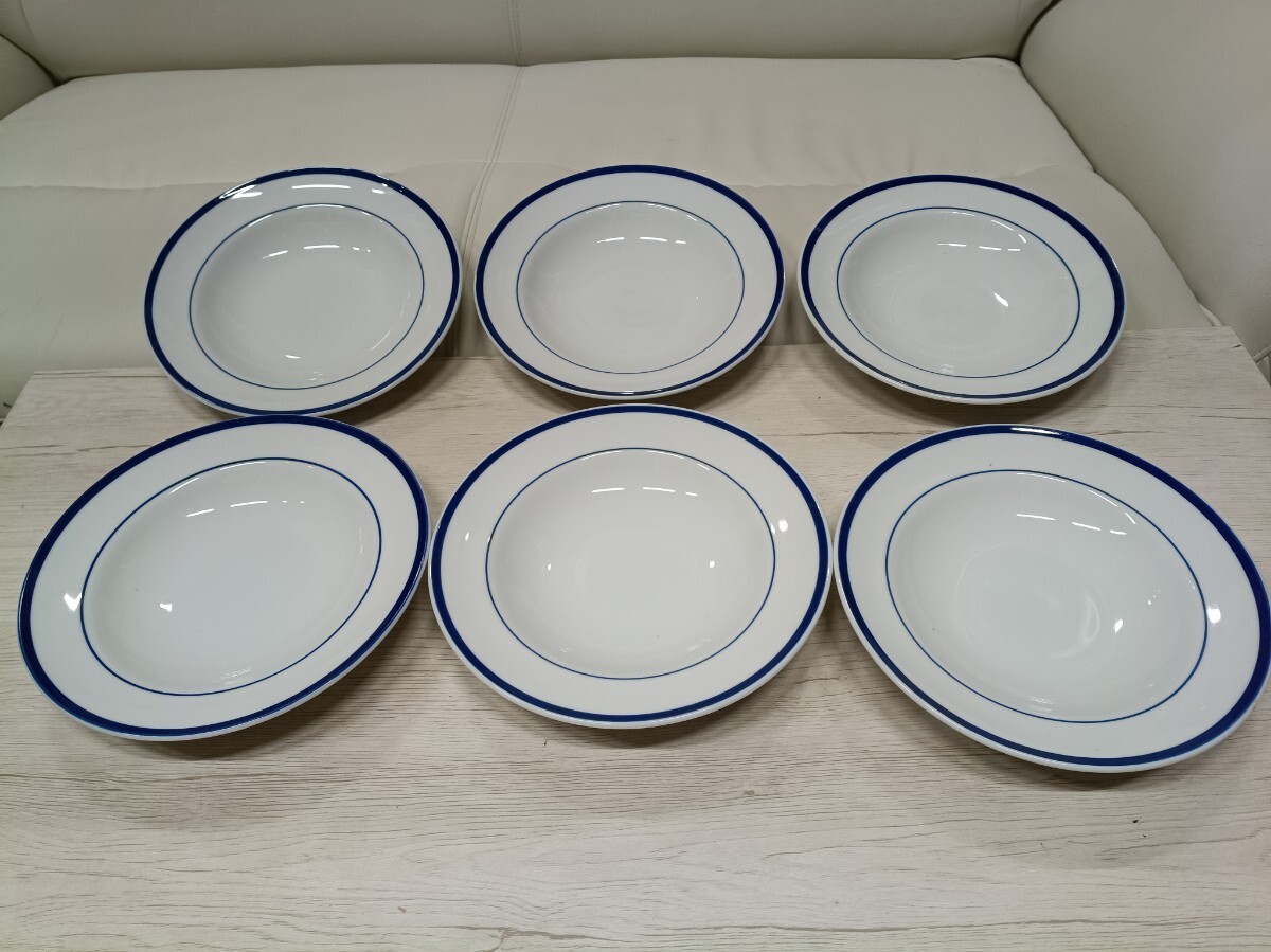 LM531-A73/ Brasserie プレート 6枚セット 白×青ライン サラダ・パスタ皿 約23cm Williams-Sonoma 食器 中古 現状品