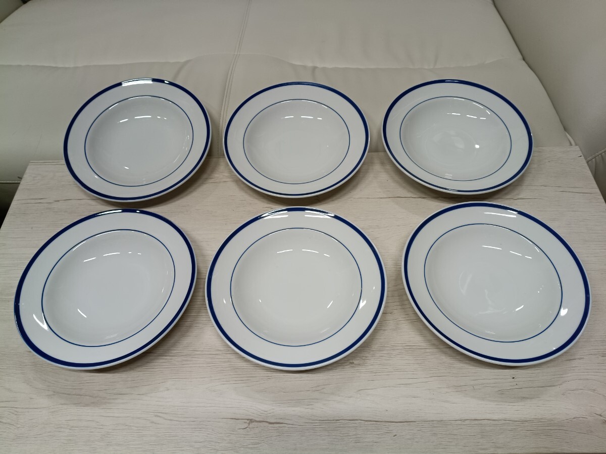 LM531-A74/ Brasserie プレート 6枚セット 白×青ライン 洋食器 パスタ皿 約23cm 日本製 中古 現状品