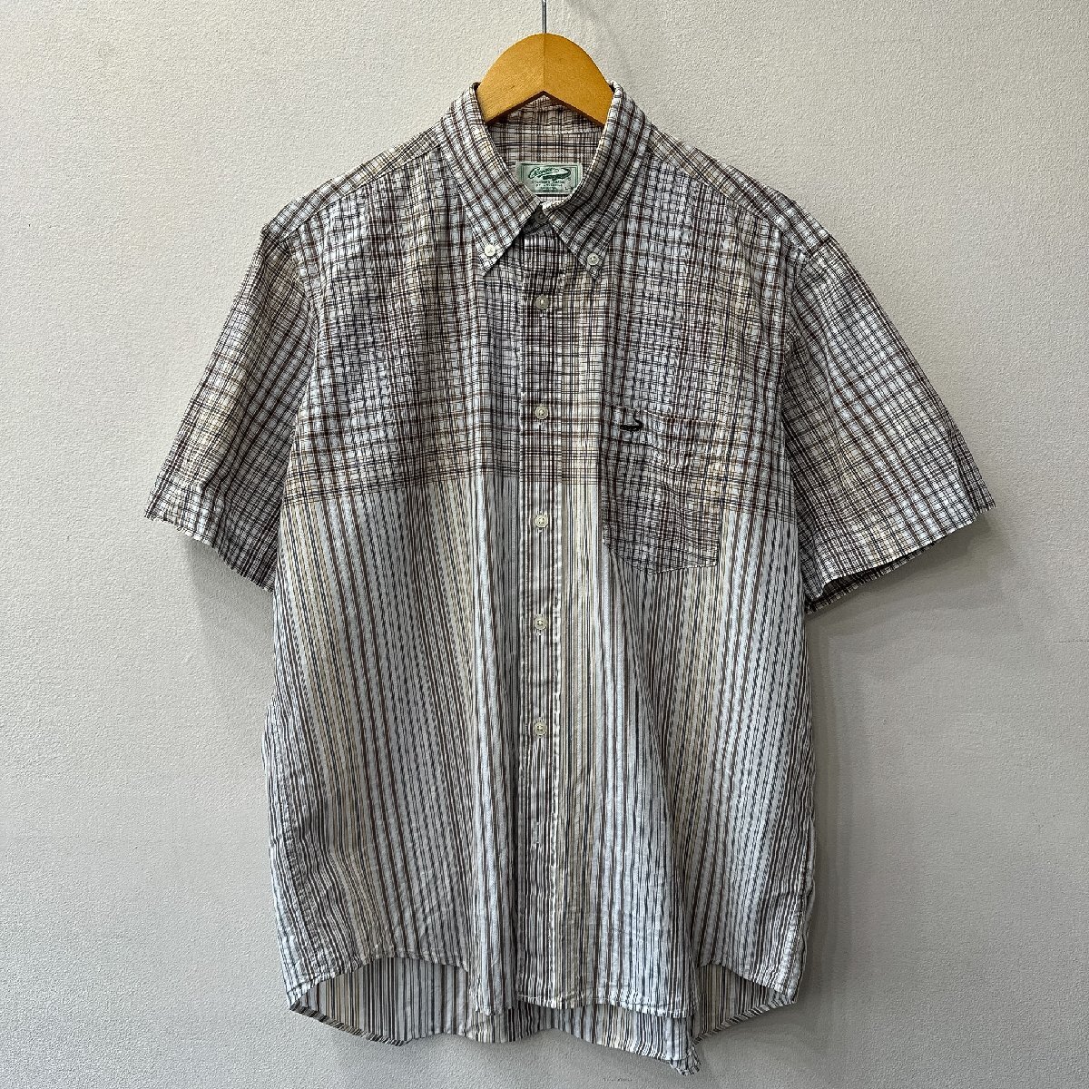 Crocodile クロコダイル 上下切替 チェック×ストライプ柄 綿100% ワンポイント刺繍 半袖 シャツ サイズ L /ブラウン系 メンズ