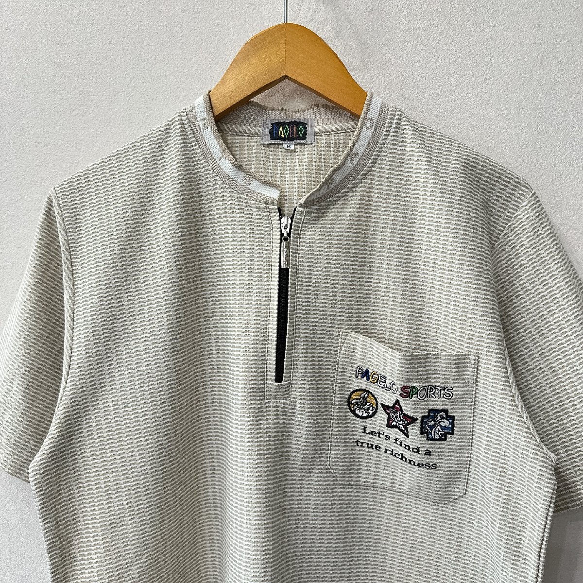 PAGELO パジェロ SPORTS 特徴的な編み生地 刺繍 ワッペン 半袖 ハーフジップ カットソー サイズ M /ベージュ系 メンズ レトロ