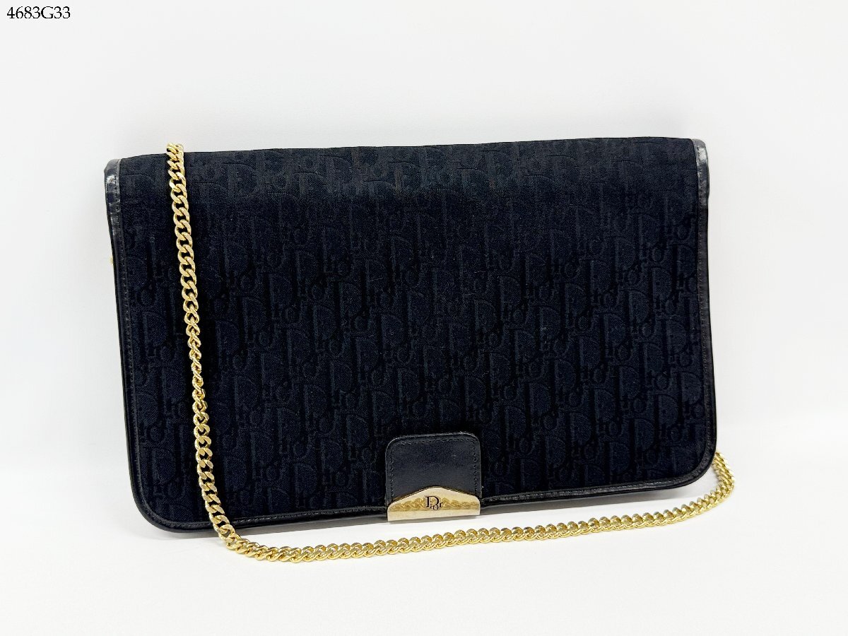 Christian Dior クリスチャン ディオール チェーン ショルダーバッグ トロッター キャンバス レザー 黒 ブラック ヴィンテージ 4683G33-13