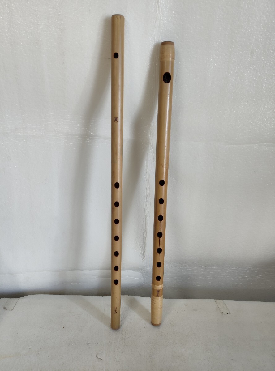 笛 2点セット 獅子田 7穴 在銘 全長約41.7㎝ /44.6cm 竹製篠笛 和楽器　現状品