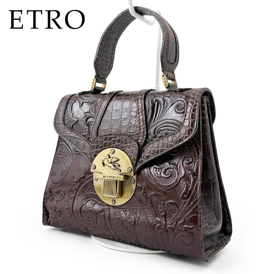 【希少】エトロ ETRO マルゴット ハンドバッグ トップハンドル ペガサス 本革 レザー こげ茶 ペイズリー柄