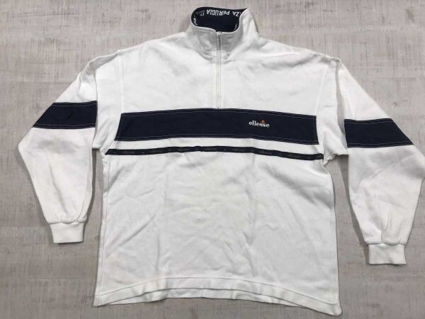 エレッセ ellesse レトロ トラッド スポーツ ハイネック ハーフジップ 配色切替 ワッフル 長袖 Tシャツ カットソー 白 M メンズ 綿100%