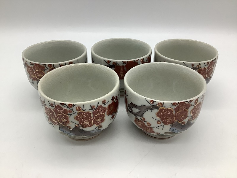 n6897 九谷焼 湯呑 5客 色絵金彩 梅柄 和食器 湯飲み 陶器 煎茶道具 茶器 保管品