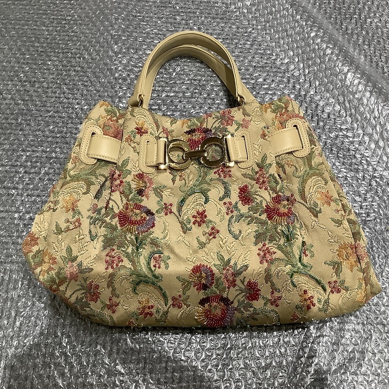 n6883 iii sanpo サンポー ハンドバッグ ボタニカル 刺繍 ビーズ オリエンタル クラシック ベージュ系 婦人鞄 ビーズ取れかけ有 中古