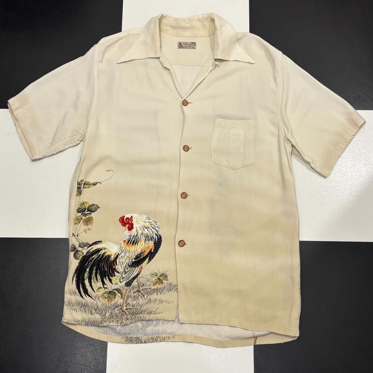 【364】 旧ドゥニーム 鶏 ニワトリ 柄 縮緬 レーヨン アロハ ハワイアン シャツ denime aloha shirt rayon