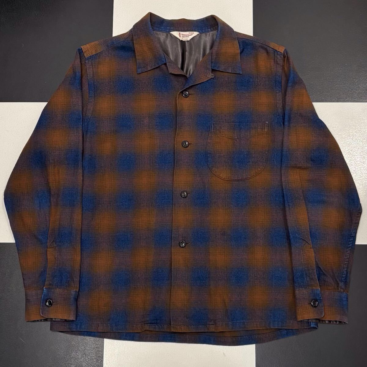【382】 美品 50s 実名復刻 タウンクラフト オンブレ チェック ボックス オープンカラー シャツ M towncraft check shirt 好配色 BOX