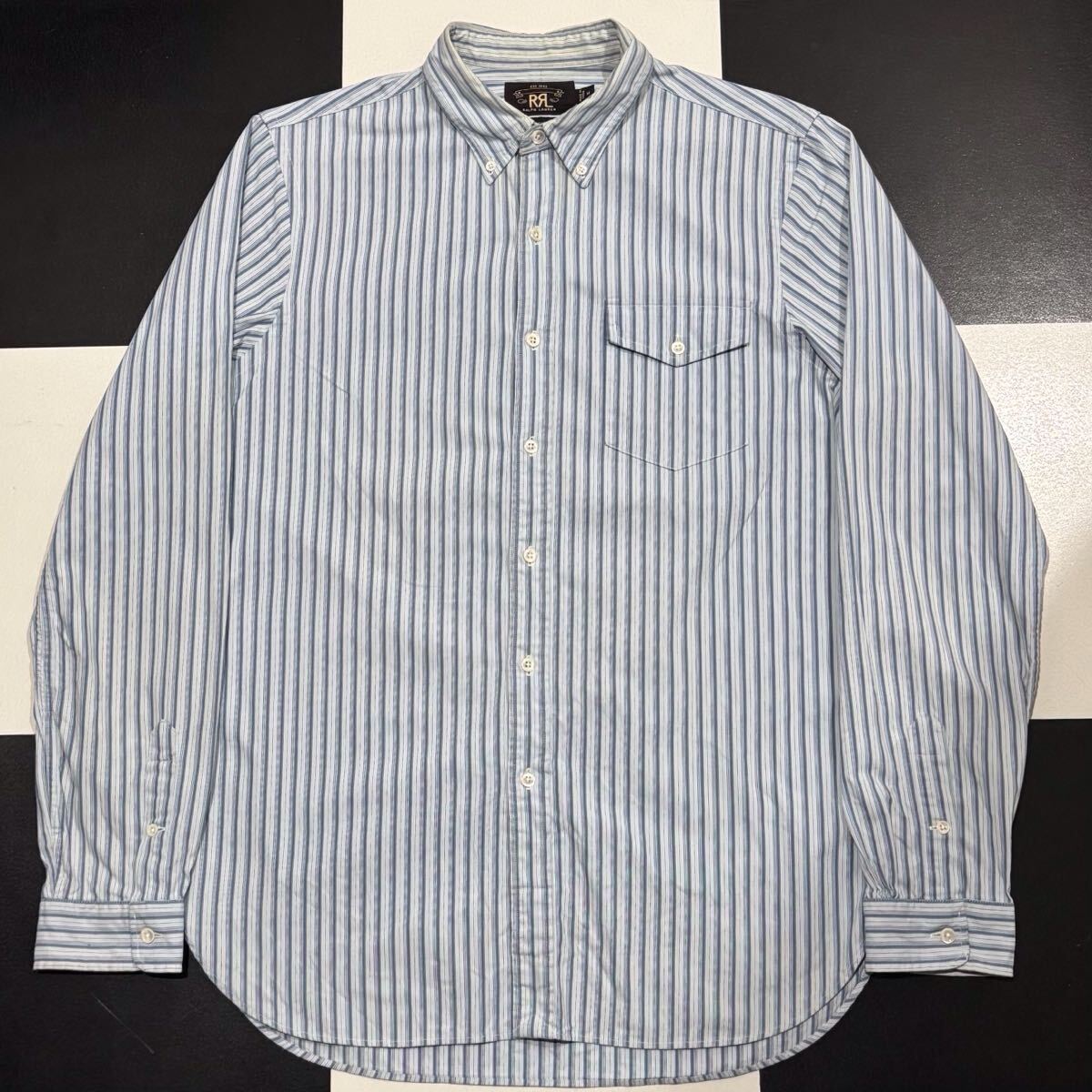 【389】 RRL インディゴ ストライプ 柄 マチ ボタンダウン ワーク シャツ M ダブルアールエル ラルフ Ralph indigo stripe work shirt BD