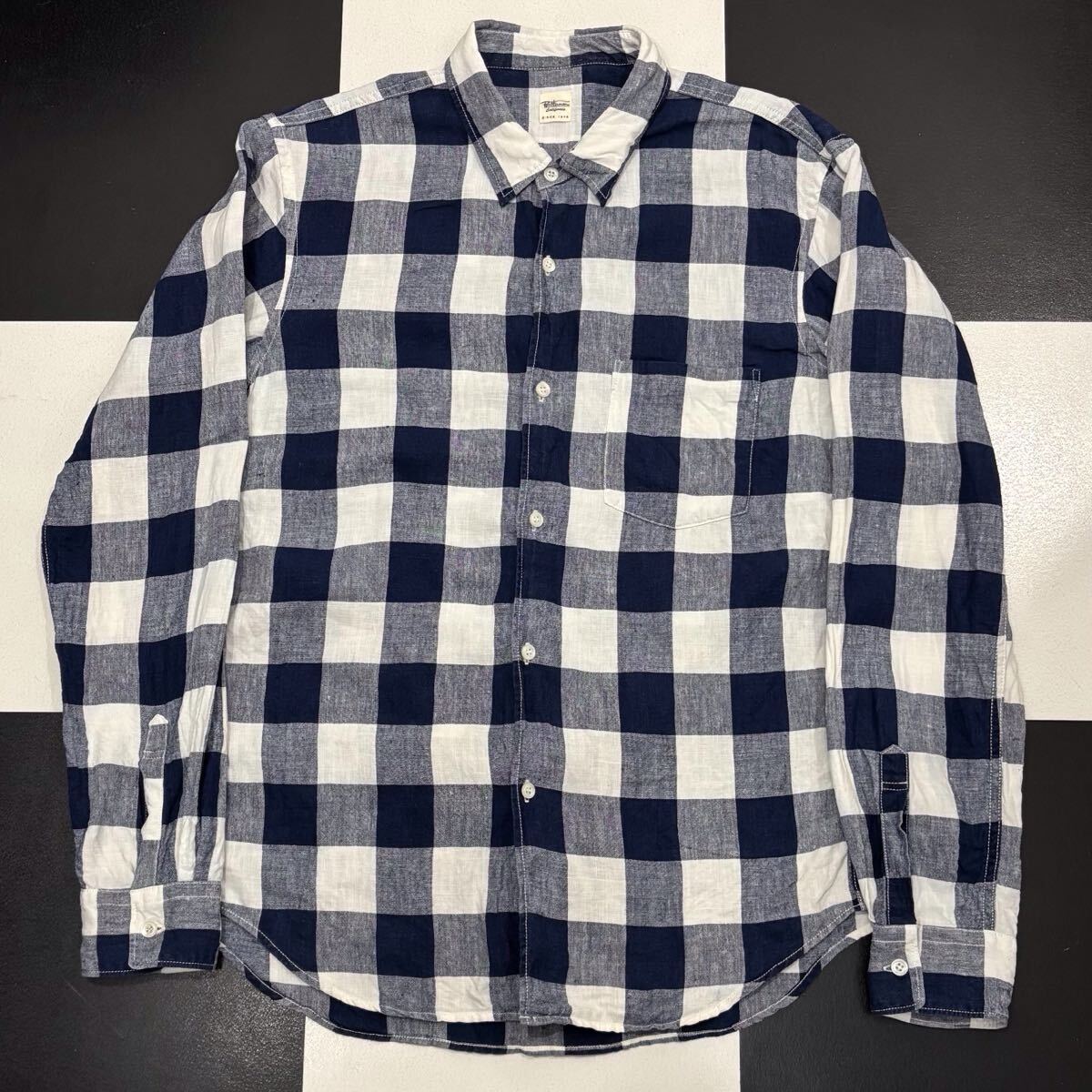 【391】 美品 ロンハーマン リネン インディゴ バッファロー ブロック チェック 柄 シャツ M Ron Herman 麻 linen check shirt indigo