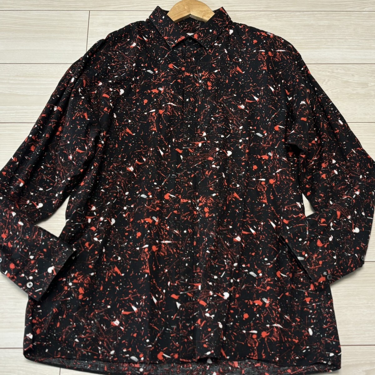 極美品/XLサイズ●Calvin Klein カルバンクライン 長袖シャツ 柄シャツ アート ペイント 総柄 麻 リネン込 コットン メンズ トップス