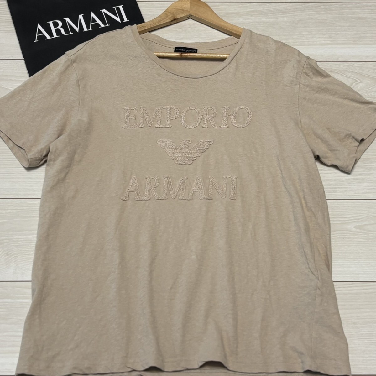 極美品/XLサイズ●EMPORIO ARMANI エンポリオアルマーニ 半袖Tシャツ イーグルロゴ 麻 リネン混 トップス メンズ 夏 サマー