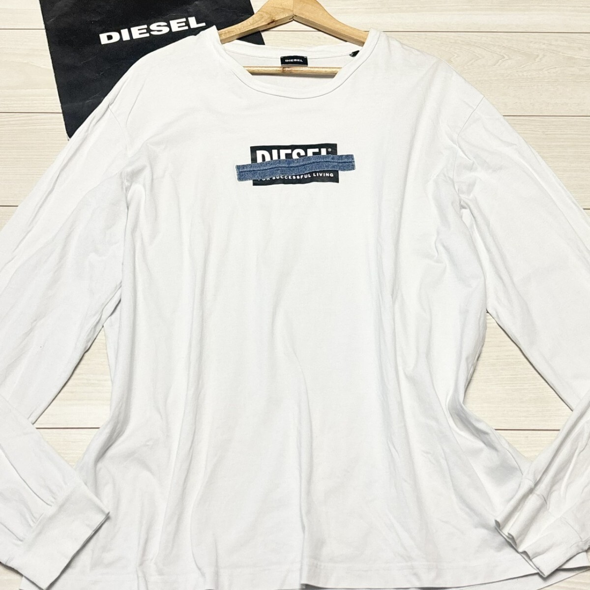 極美品/4Lサイズ●DIESEL ディーゼル ロンT 長袖 Tシャツ 白 ホワイト ロゴプリント デニム メンズ トップ サマー 夏