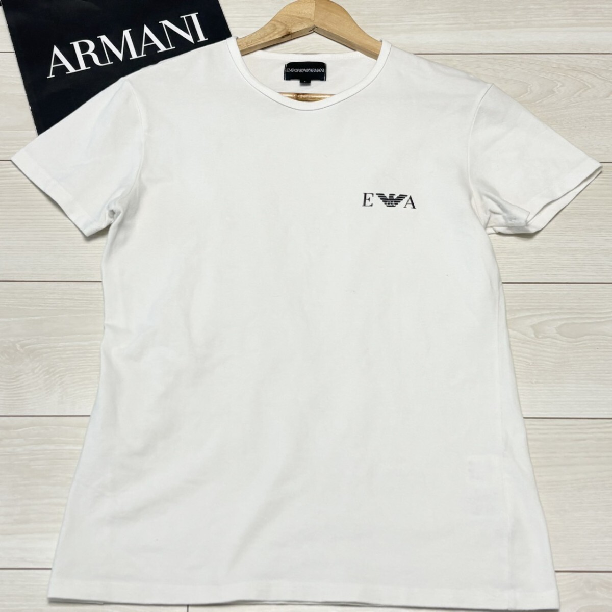 極美品/Lサイズ●EMPORIO ARMANI エンポリオアルマーニ 半袖Tシャツ イーグルロゴ プリント 夏 サマー メンズ トップス ホワイト ワッペン