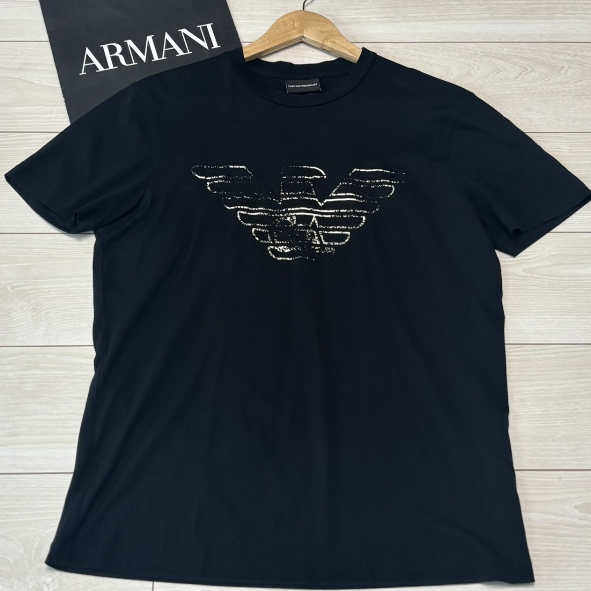 極美品/Lサイズ●EMPORIO ARMANI エンポリオアルマーニ 半袖Tシャツ イーグルロゴ プリント ブラック 黒 サマー 夏 メンズ トップス