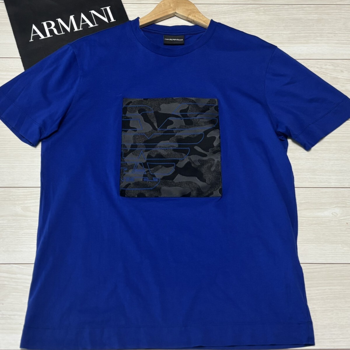 極美品/Lサイズ●EMPORIO ARMANI エンポリオアルマーニ 半袖Tシャツ イーグルロゴ カモフラ 迷彩 メンズ トップス 夏 サマー ブルー 青