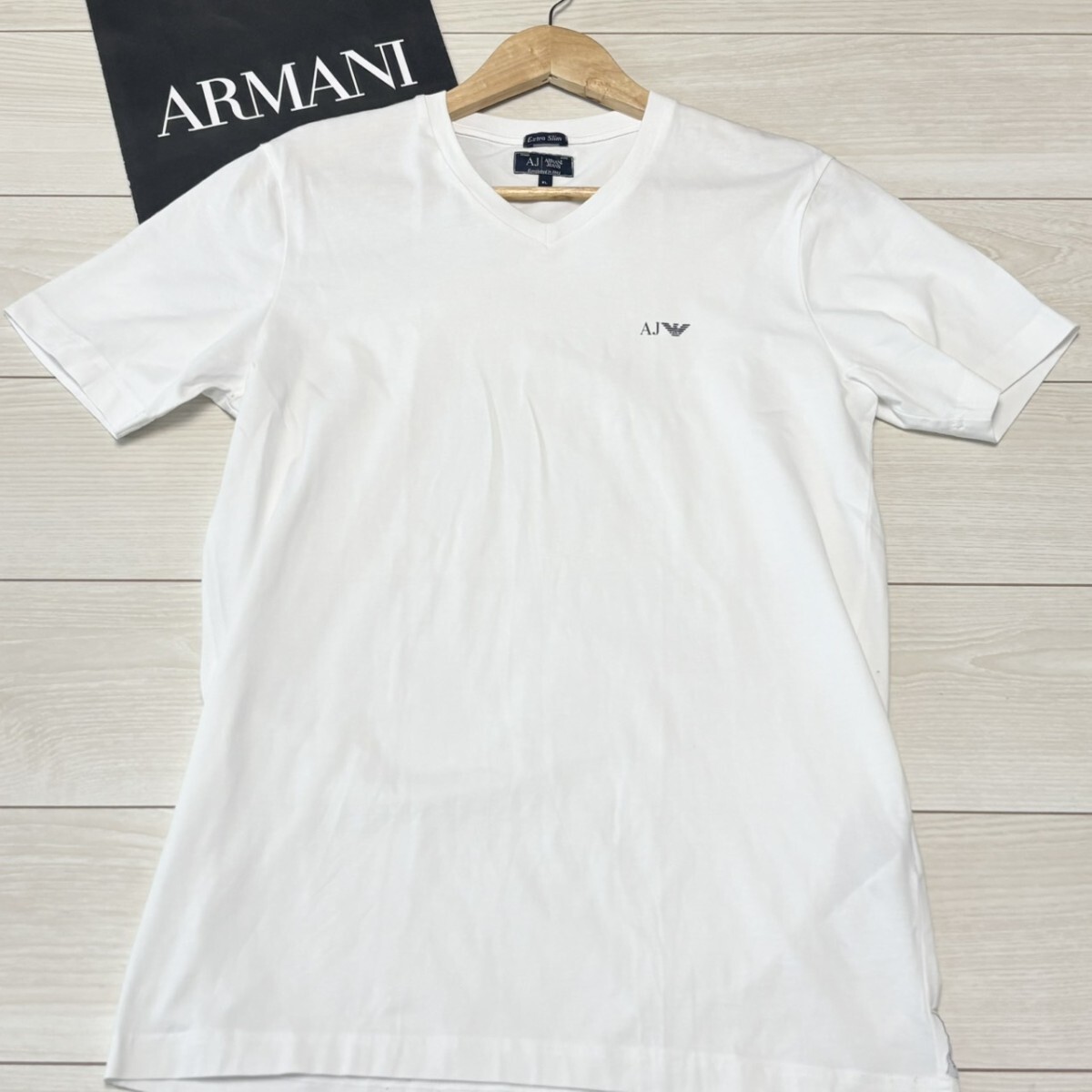 極美品/XLサイズ●ARMANI JEANS アルマーニジーンズ 半袖Tシャツ Vネック イーグルロゴ 白 ホワイト 夏 サマー メンズ トップス