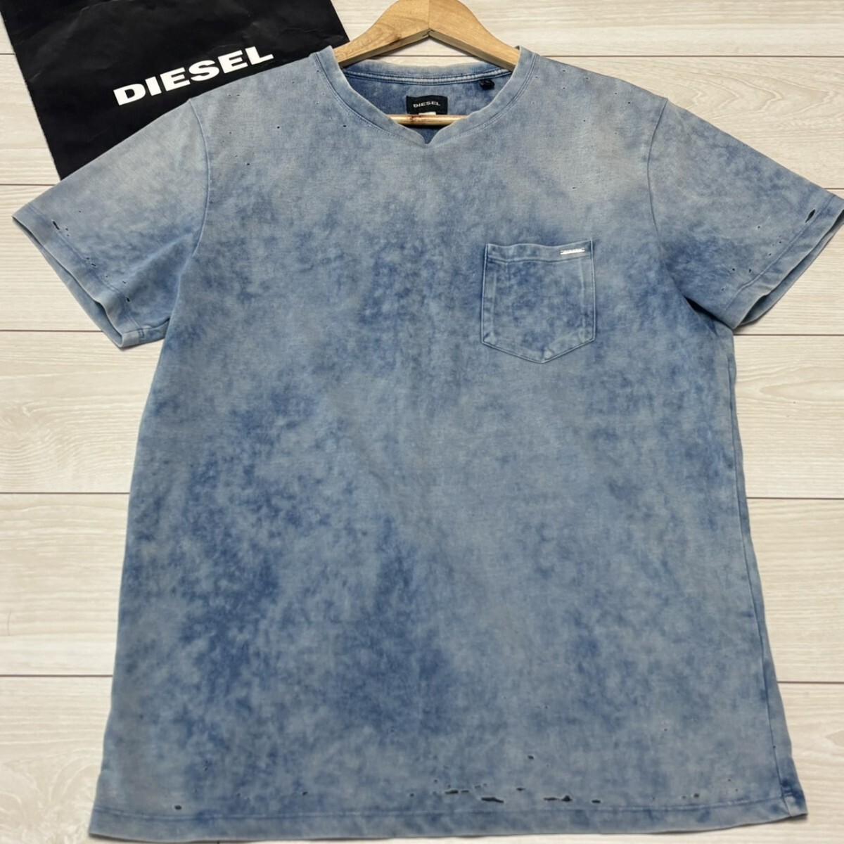 極美品/Lサイズ●DIESEL ディーゼル 半袖Tシャツ デニム ダメージ加工 ヴィンテージ加工 胸ポケット プレートロゴ メンズ トップス