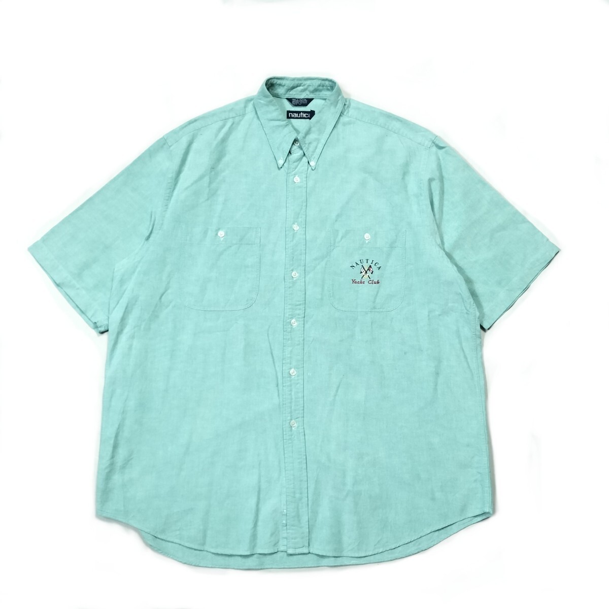 90s NAUTICA ノーティカ　シャツ　L 刺繍　ヨットクラブ　ミントグリーン