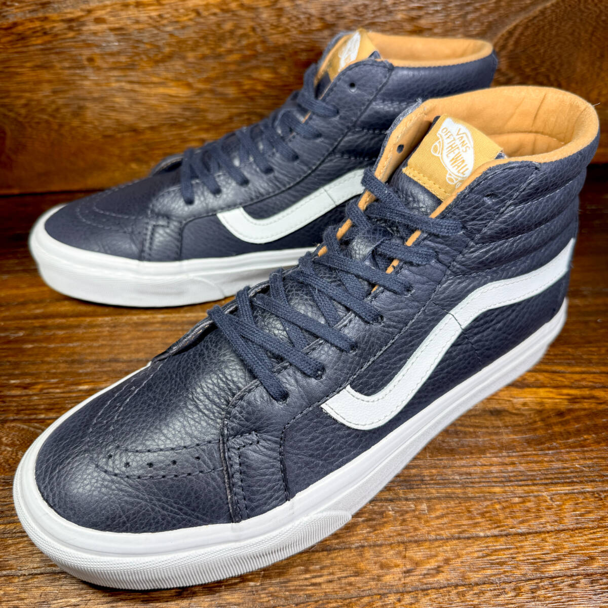 ◆VANS◆バンズ 26.5cm ハイカットスニーカー プレミアムレザー ネイビー メンズ 靴 中古 宅急便 即決