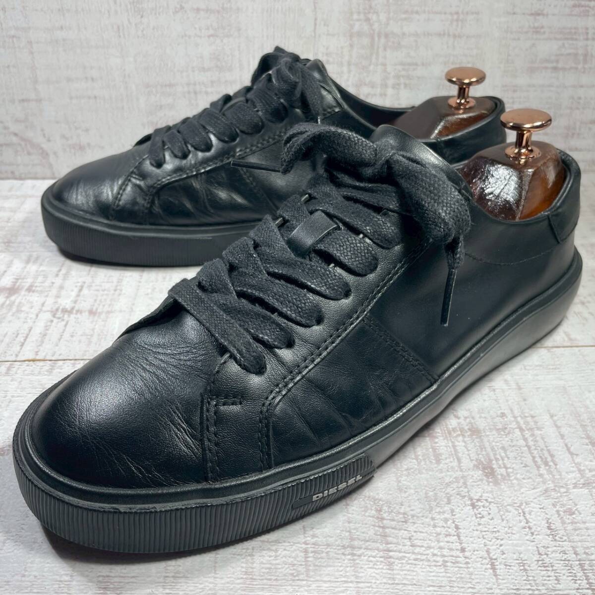 ▼DIESEL▼ディーゼル 25.5cm レザースニーカー 黒 ブラック メンズ 革靴 靴 レザー 中古 宅急便 即決
