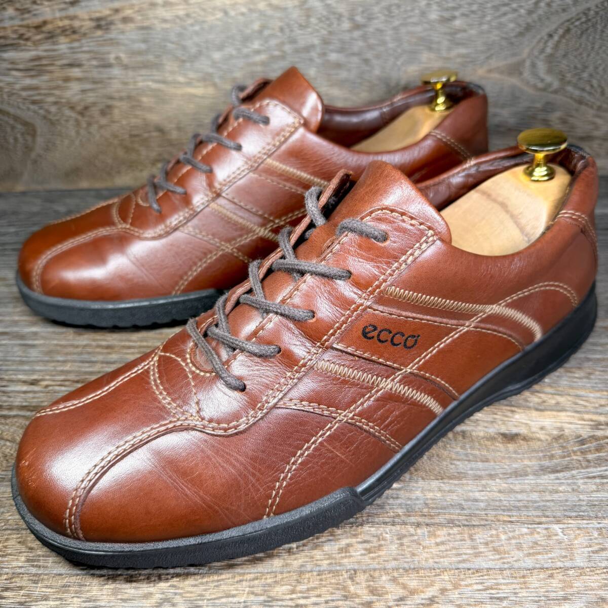 ◆ecco◆エコー 26.5cm レザースニーカー 茶色 ブラウン メンズ 革靴 靴 レザー 中古 宅急便 即決