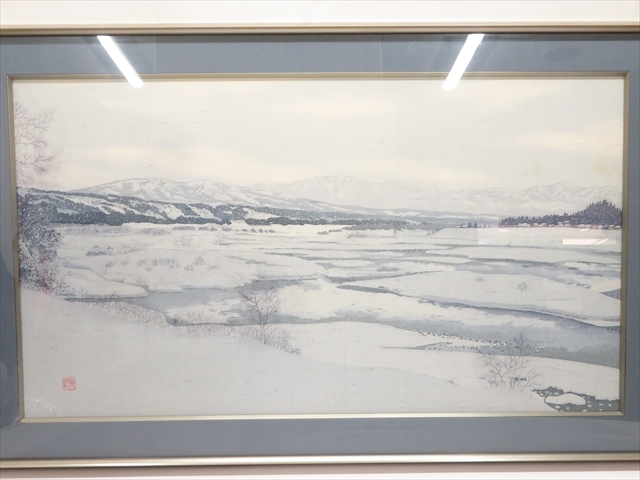 ◆◇【真作】本塩沢 野村重義『雪原』染物画 額寸112.3cm×63.4cm 十日町 ろうけつ染め 実験染色工芸展作品 額装付◇◆