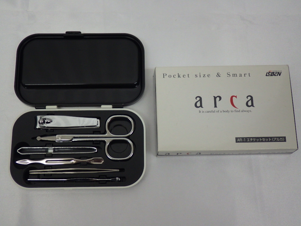 未使用保管品　arca　アルカ　エチケットセット　AR-1　爪切り/ハサミ/毛抜き/ピンセット/耳かき/あま皮取り